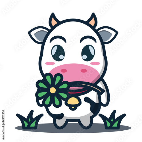 vector illustration of cute cow eating green flower