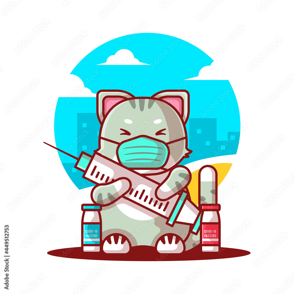 Cute Cartoon Vector Illustrations Cat holding Inject Vaccine and Bottle. Medicine and Vaccination Icon Concept