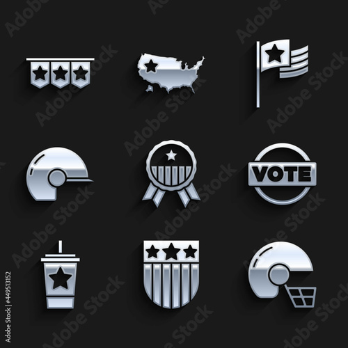 Set Medal with star, Shield stars, American football helmet, Vote, Paper glass straw, Baseball, flag and Carnival garland flags icon. Vector