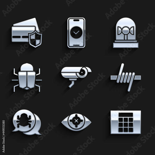 Set Security camera, Eye scan, Password protection, Barbed wire, System bug, Flasher siren and Credit card with shield icon. Vector