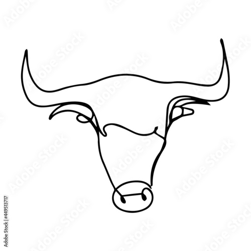 Continuous line drawing of a bull. Vector bull head. Sketch of a horned animal tattoo. A head with huge horns. Modern animal print. Modern linear bull logo.