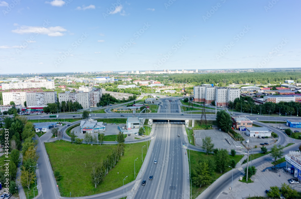 Aerial view on Respubliki street bridge. Tyumen