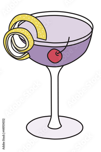 Stylish hand-drawn doodle cartoon style purple lavender aviation cocktail garnished with a cherry. A vector illustration good for party card, invitations, posters, bar menu or alcohol cook book recipe