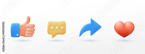 social media icon set thumbs, comment, share and love 3d style