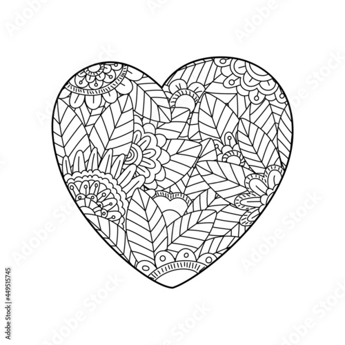 Heart consisting of flowers leafs and plants. Black and white vector illustration isolated on white background. Design element for Valentines Day card. Line art. Vector illustration.