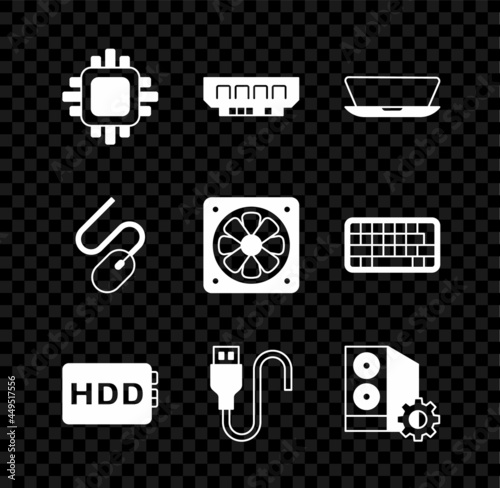 Set Processor with CPU, RAM, random access memory, Laptop, Hard disk drive HDD, USB cable cord, Case of computer, Computer mouse and cooler icon. Vector