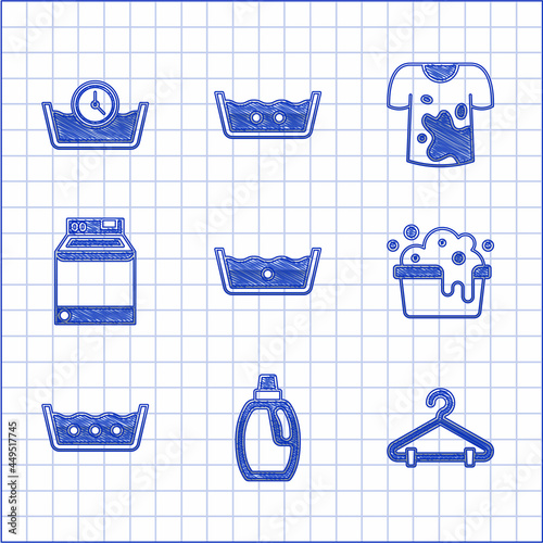 Set Temperature wash, Bottle for cleaning agent, Hanger wardrobe, Basin with soap suds, Washer, Dirty t-shirt and Time icon. Vector