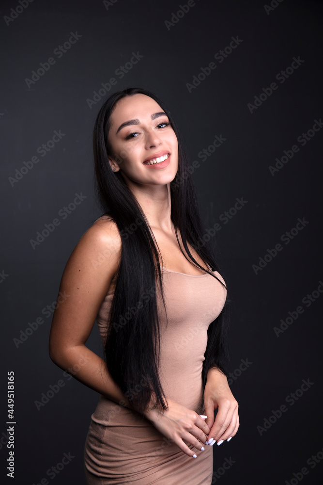 Elegant attractive woman with pergect skin and natural make up against. Banner with copy space.
