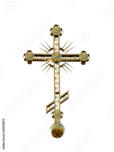Gold Christian cross, isolated on white background. Human Faith Symbol, religion.