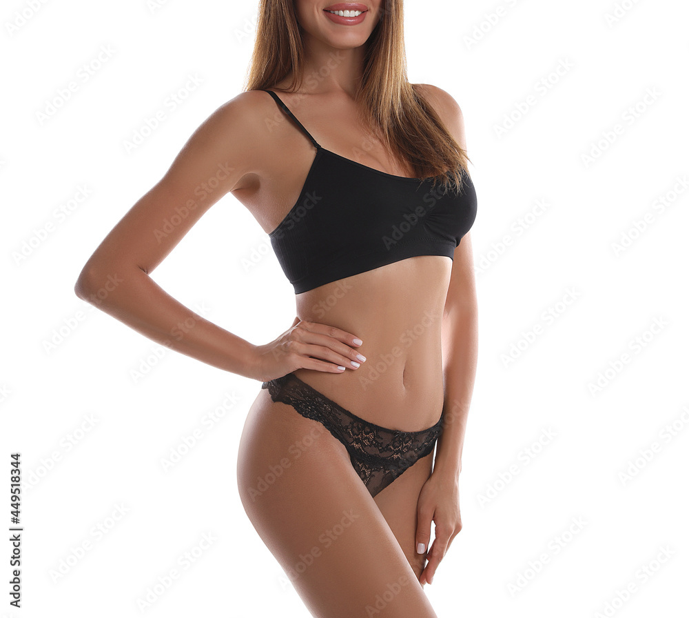 Fototapeta premium Woman in sexy black panties and top on white background, closeup