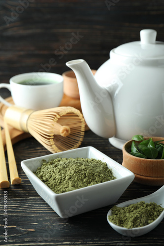 Concept of japanese tea with matcha on wooden table
