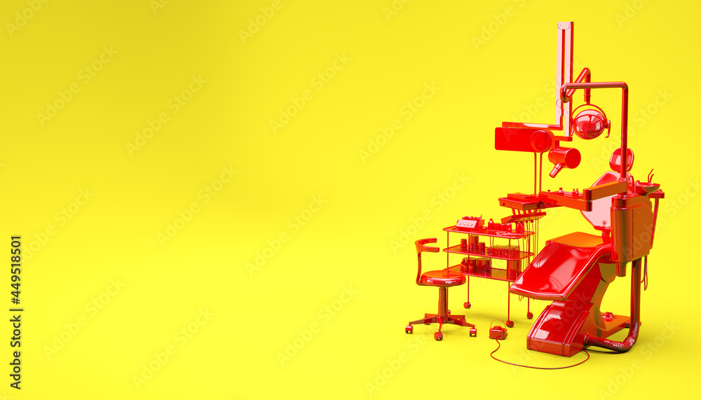 Red dentist chair, stylized, on yellow background, 3d illustration, 3d rendering