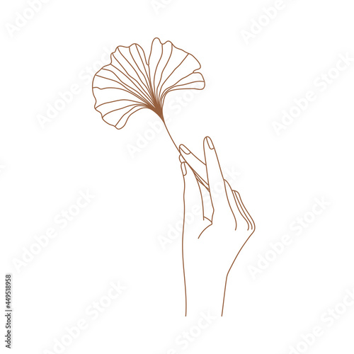 Minimal female hand logo in trendy linear style. Women's hand with ginkgo biloba leaves. Vector linear boho icon for handmade products, jewelry, cosmetics, wedding concept illustrations etc. Branding.