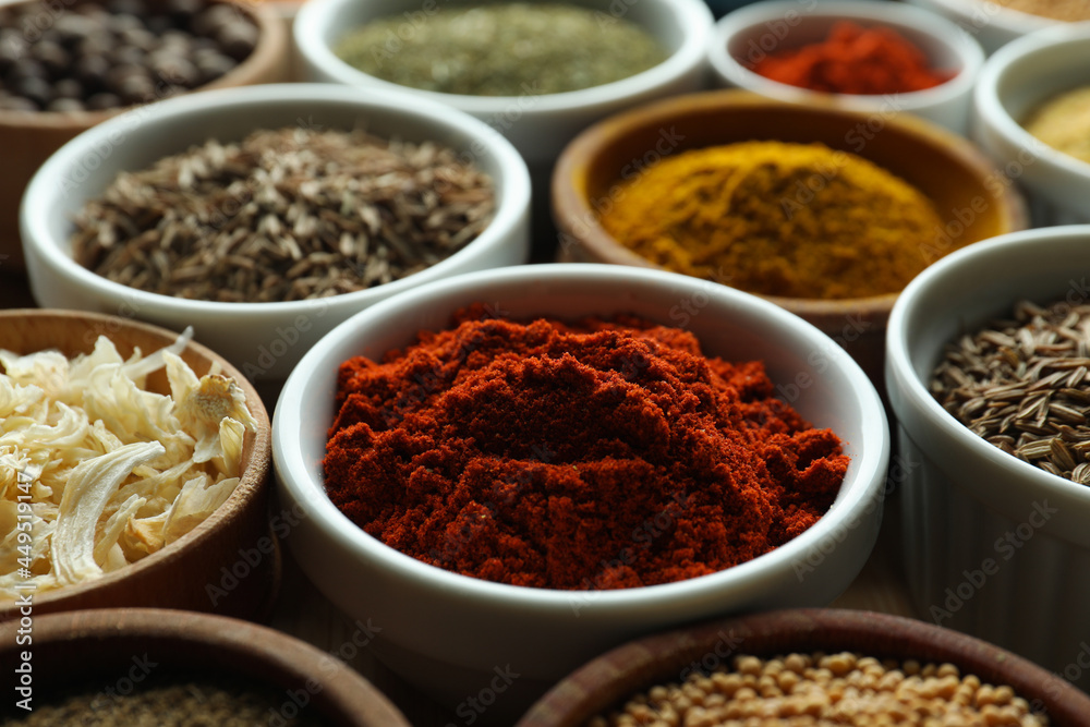 Set of different spices in sauce bowls