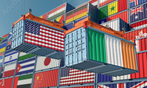 Freight containers with USA and Ireland flag. 3D Rendering 