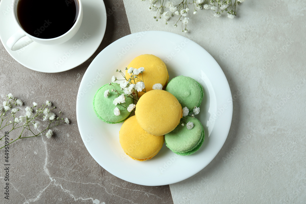 Concept of tasty dessert with delicious macaroons Concept of tasty dessert with delicious macaroons