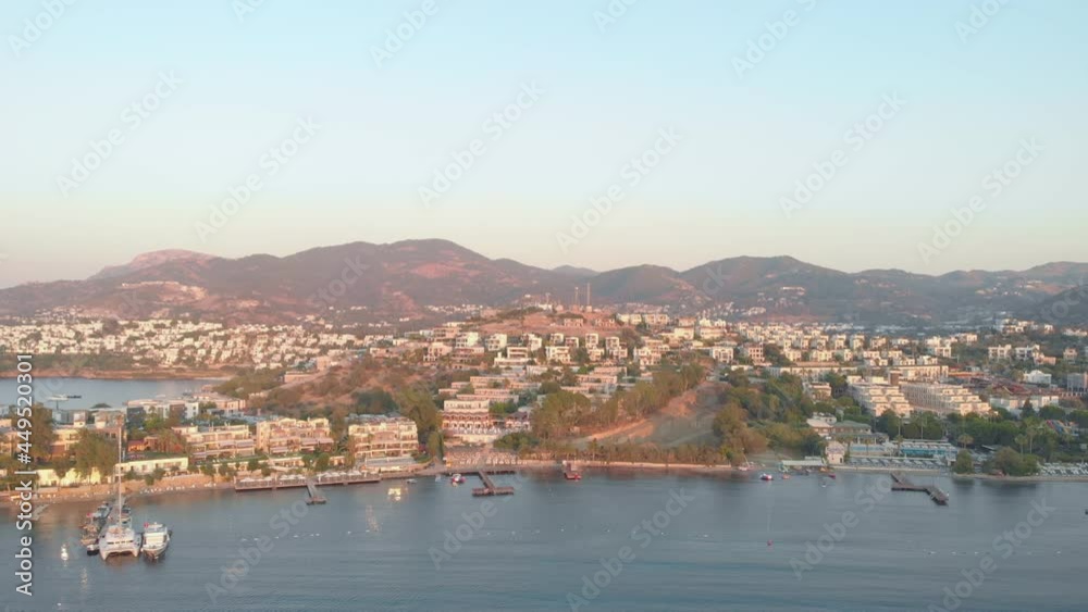 Seaside resort aerial evening sunset time