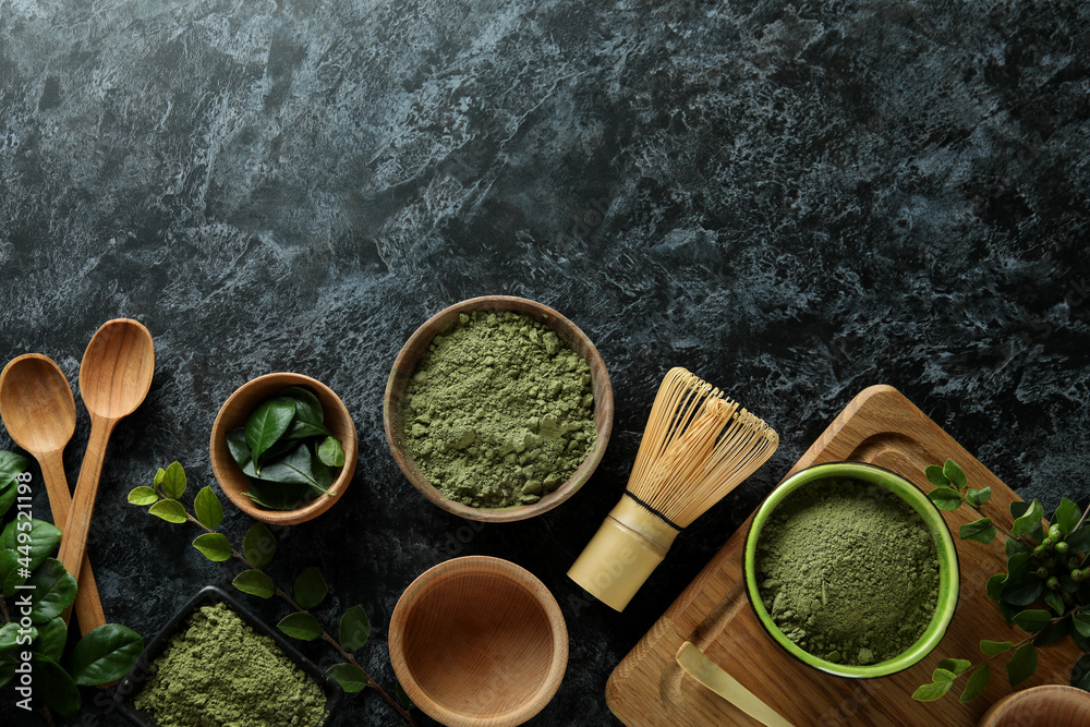 Concept of japanese tea with matcha on dark table Concept of japanese tea with matcha on dark table