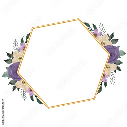 hexagon frame with purple roses bouquet for wedding invitation