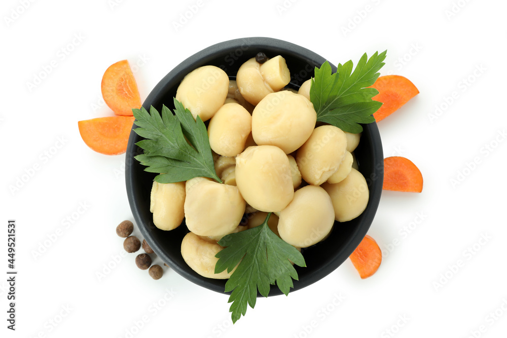 Bowl of marinated mushrooms isolated on white background Bowl of marinated mushrooms isolated on white background