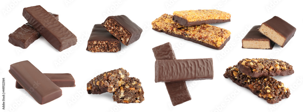 Set with different delicious protein bars on white background. Banner design Set with different delicious protein bars on white background. Banner design