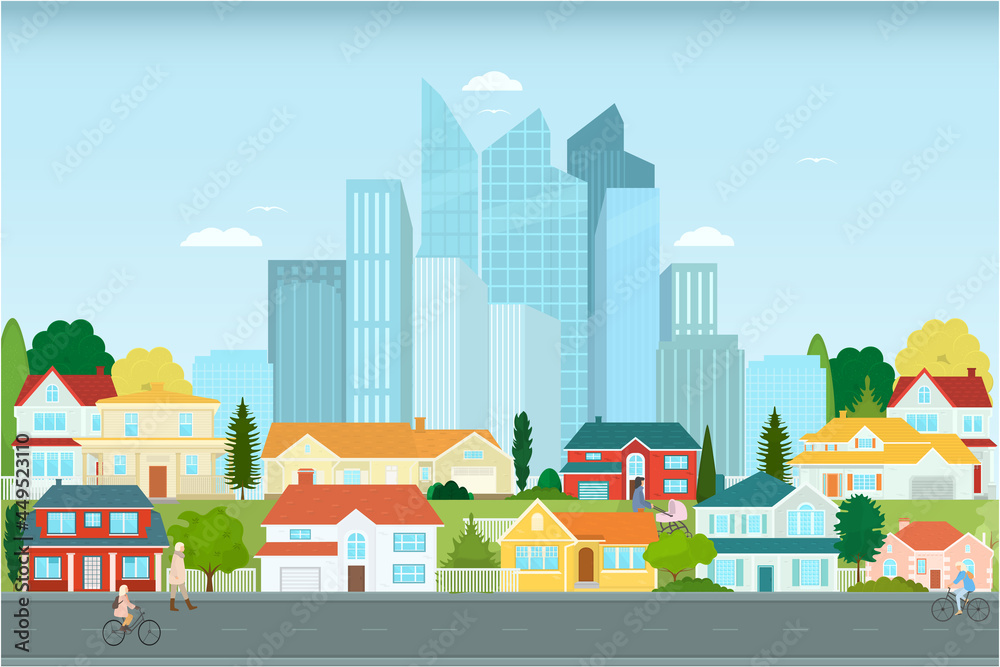 Vector poster overlooking the metropolis with park and houses. Street view. Modern city with skyscrapers