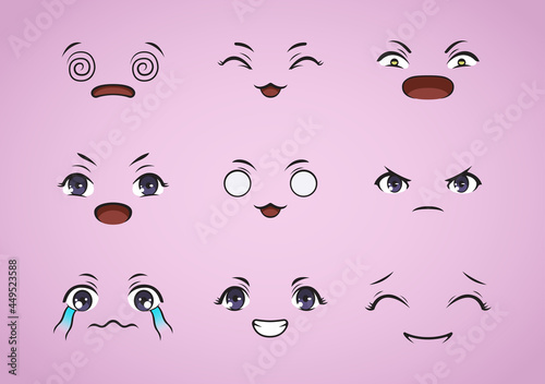 Fototapeta Naklejka Na Ścianę i Meble -  Set of kawaii expression design. anime emoji illustration