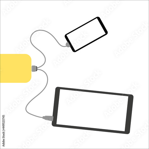 smartphone and tablet are charged from an external battery. Vector flat illustration. Shades of gray and yellow. Isolated on a white background.