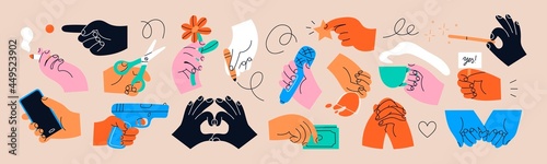 Big set of Colorful Hands holding stuff. Different gestures. Hands with cup, magic wand, banner, money, wine glass, microphone, star, etc. Hand drawn Vector illustration. All elements are isolated