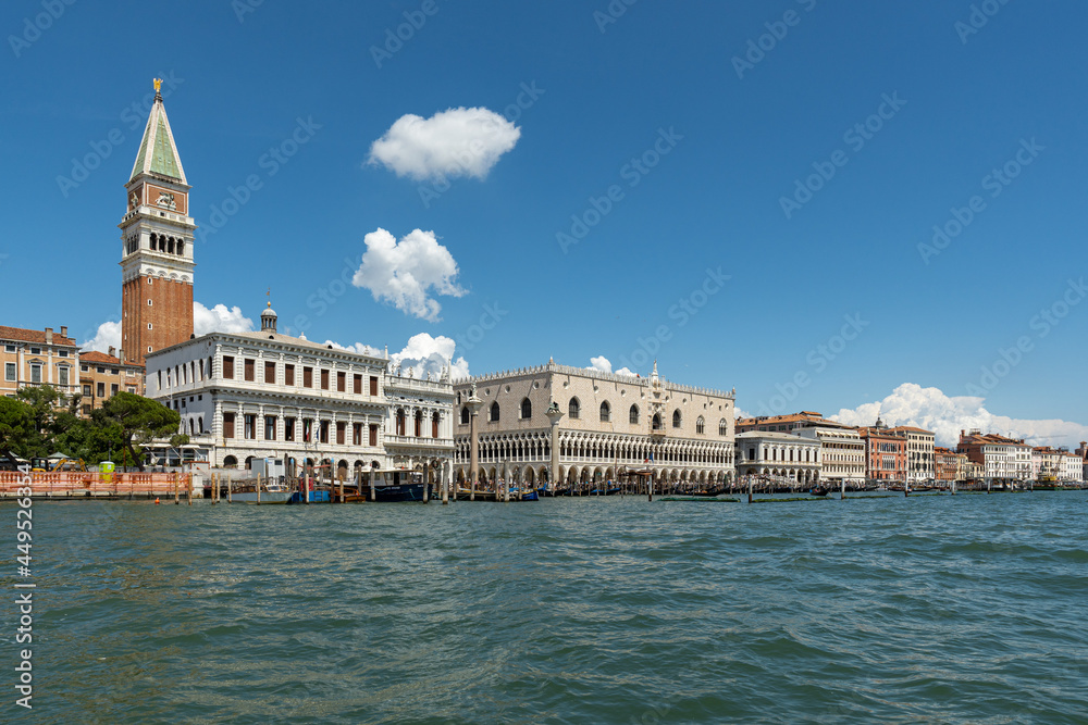 View of St. Mark's Square and St. Mark's Tower in Venice as seen from the water