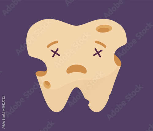 Rotten unhealthy unhappy giant tooth, dirty and weak stomatology symbol. Sad face, result of bad careful toothbrushing routine, no oral care, hygiene, treat, with caries, decay. Vector illustration