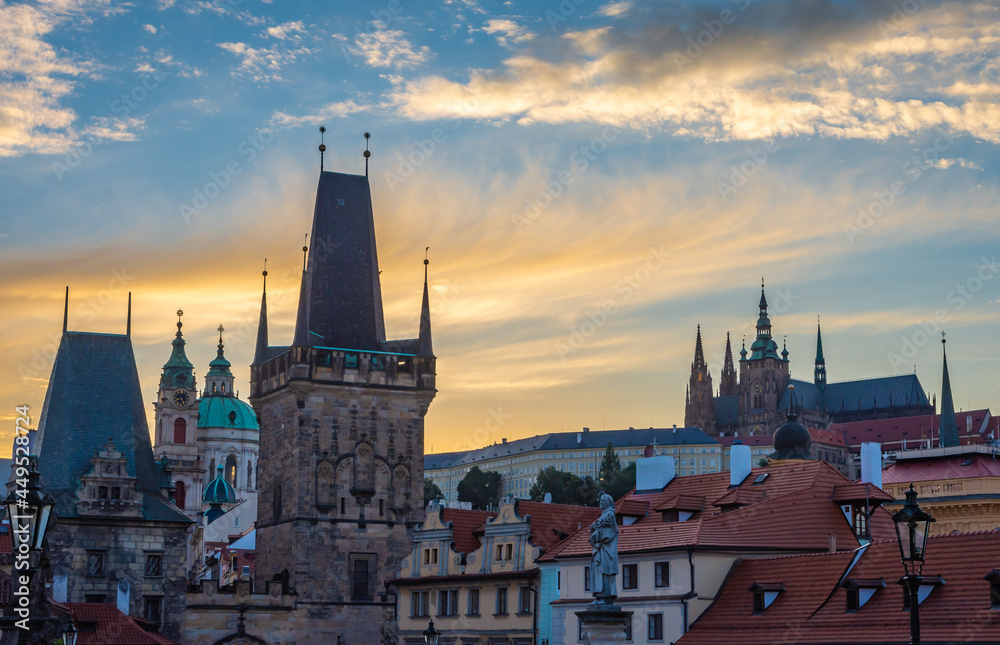 Prague by sunset, Lesser Town Bridge Tower and Prague Castle