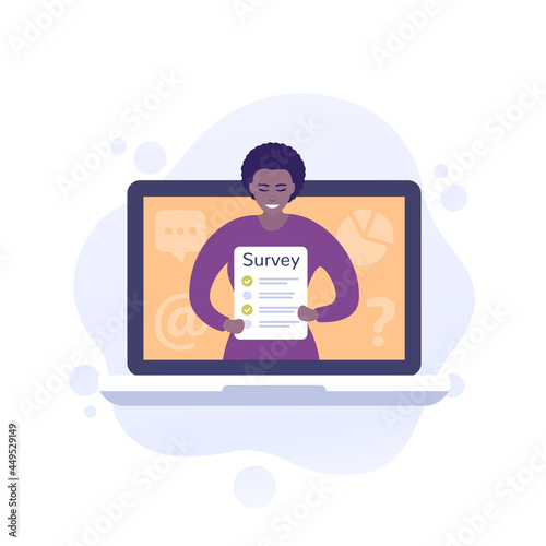 online survey vector illustration with african american woman
