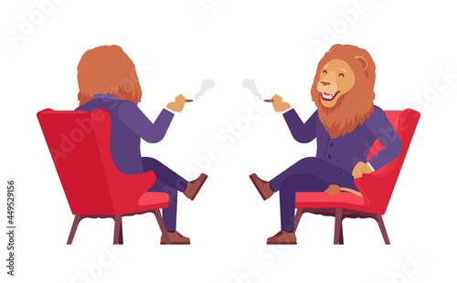 Male lion, large wild animal head, tail human with cigar. Strong dangerous business person with great physical power, courage, office king. Vector flat style cartoon illustration, front and rear view