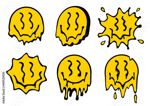 City graffiti smiling face. Various types of faces with drip, splash, disheveled. Street style, print for t-shirts and sweaters, elements isolated on white background
