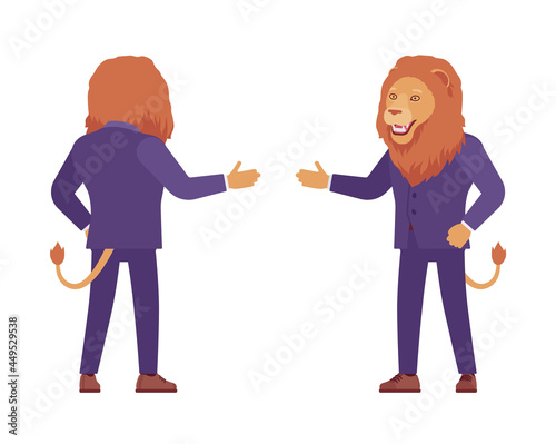Male lion, large wild animal head, tail human greet pose. Strong dangerous business person with great physical power, courage, office king. Vector flat style cartoon illustration, front and rear view