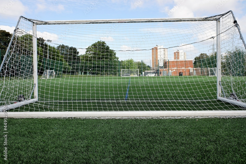 Fototapeta premium Soccer goal on a 3G artificial grass pitch at Meriden Community Centre, Watford