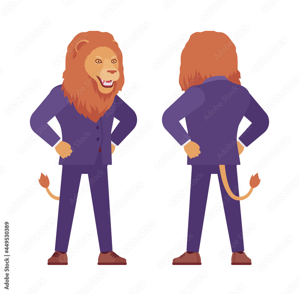 Fototapeta premium Male lion, large wild animal head and tail human standing. Strong dangerous business person with great physical power, courage, office king. Vector flat style cartoon illustration, front and rear view