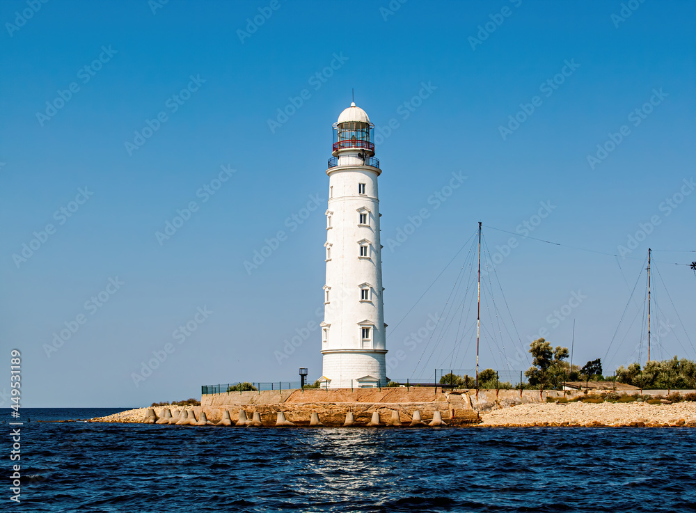 Chersonesskiy lighthouse, Cape Chersonesos,  Sevastopol, Crimea, Russia. Clear sunny day.