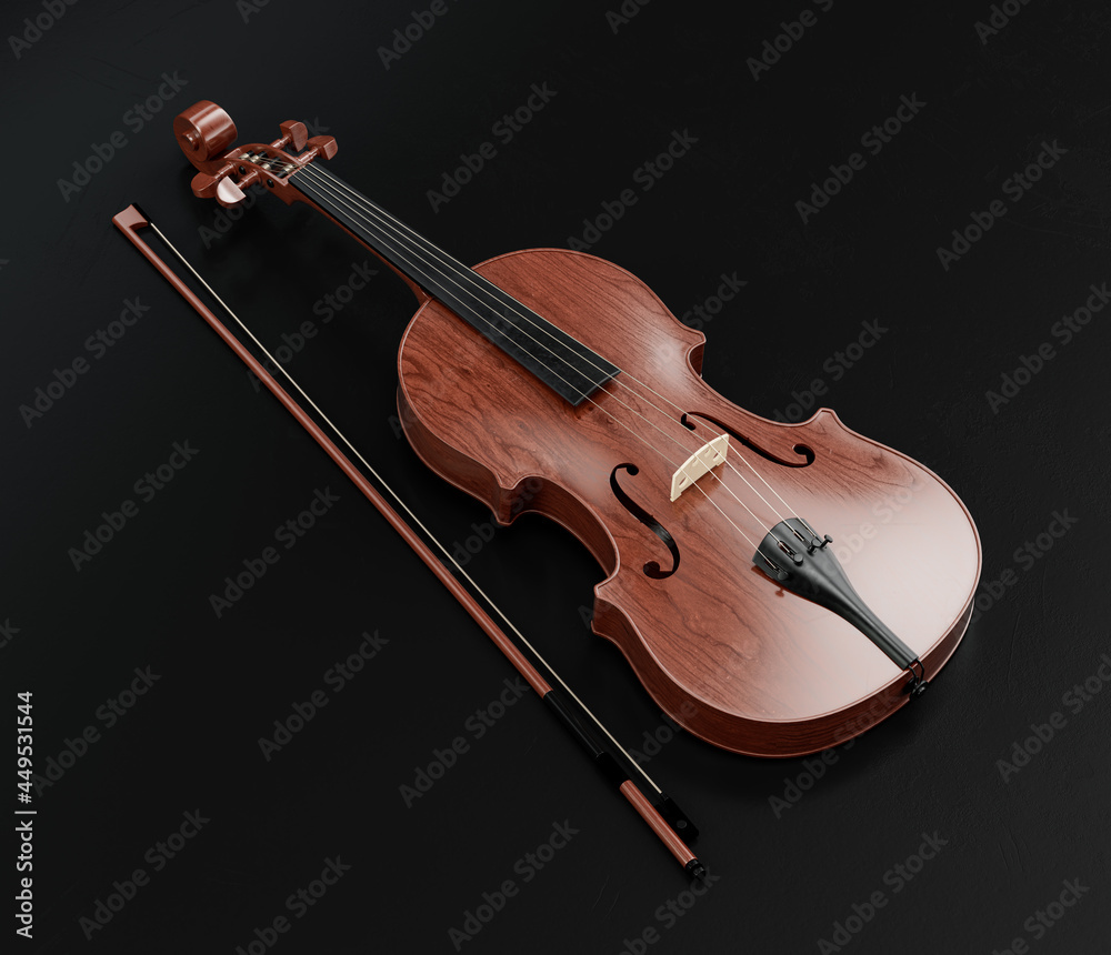 Music instriument, single violing and string in a dark studio, 3d rendering