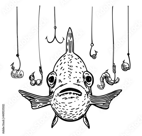 Fish and a lot of fish hooks. Hand drawn fishing symbol. The metaphor that the fish is in danger among the many hooks.