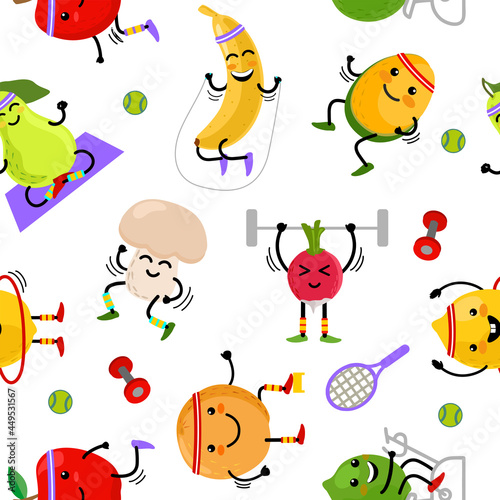 Set of cute fruits and vegetables go in for sports. Seamless pattern. Fruits and vegetables cartoon characters. Healthy eating and fitness. Cute food cartoon character set. Vector illustration