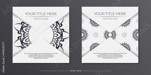 Luxurious White Postcard Template with Vintage Black Patterns. Print-ready design of the invitation with mandala ornament.