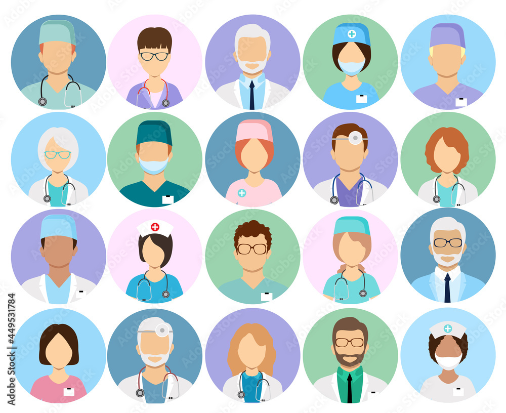 Doctors and nurses profile vector icons. Surgeon and therapist, oculist and nutritionist avatars. Doctors of different ages and nationalities. Doctors and nurses profile vector icons. Surgeon and therapist, oculist and nutritionist avatars. Doctors of different ages and nationalities.