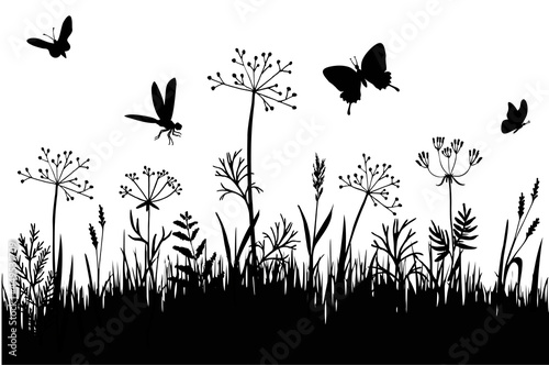 Grass borders. Black silhouette of grass, spikes and herbs isolated on white background. Abstract meadow line with grass and flowers. Hand drawn sketch style vector illustration.