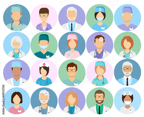 Doctors and nurses profile vector icons. Surgeon and therapist, oculist and nutritionist avatars. Doctors of different ages and nationalities.