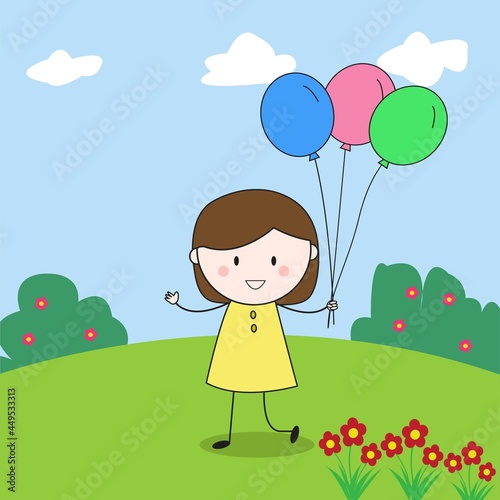 Doodle Girl Holding Balloons in the Garden coloring book