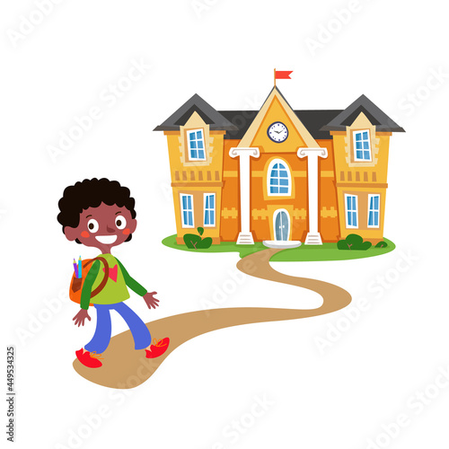 Schoolboy black boy with a backpack and textbooks goes on the road to school. Vector illustration in cartoon childish style character. Back to school. Isolated funny clipart on a white background