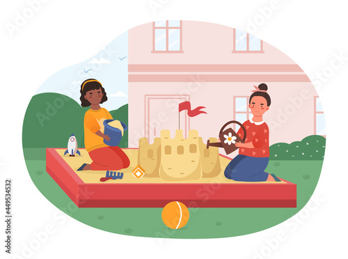 Sandbox game concept. Little girls are building big sand castle. Cheerful Activity for children. Creative play outdoors in park . Cartoon flat vector illustration isolated on a white background