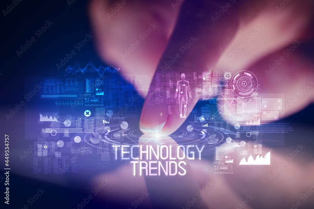 Finger touching tablet with web technology icons concept Finger touching tablet with web technology icons concept